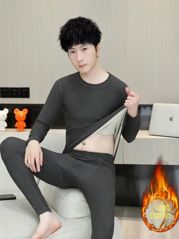 

Мужской теплый комплект нижнего белья с круглым вырезом, двусторонний велюровый базовый слой, осенняя одежда для студентов, комплект из двух предметов, молодежный комплект с длинными рукавами