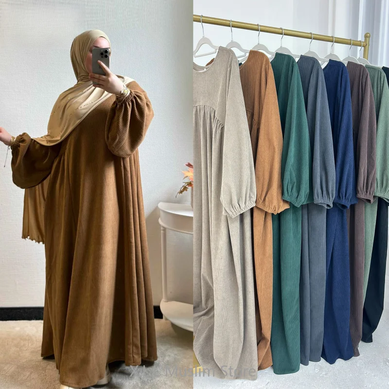 Sztruks Abaya Dubai luksusowe solidne arabskie sukienki damskie sukienka muzułmańska Abayah Dubai elegancka Kebaya Kaftan zimowa sukienka Plus Size