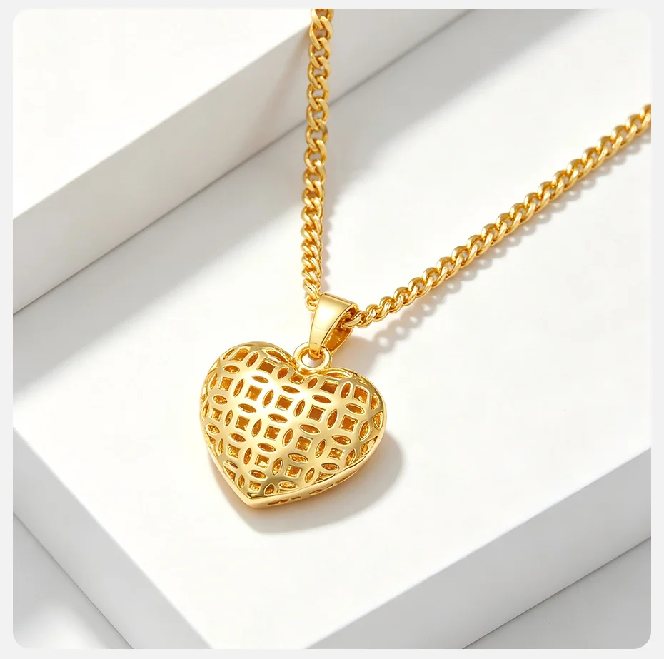Vnox Minimalistischer Ausgehöhlter Herz-Creolen-Anhänger Halskette Klassischer Vergoldeter Brautschmuck für Hochzeiten – Detail 11