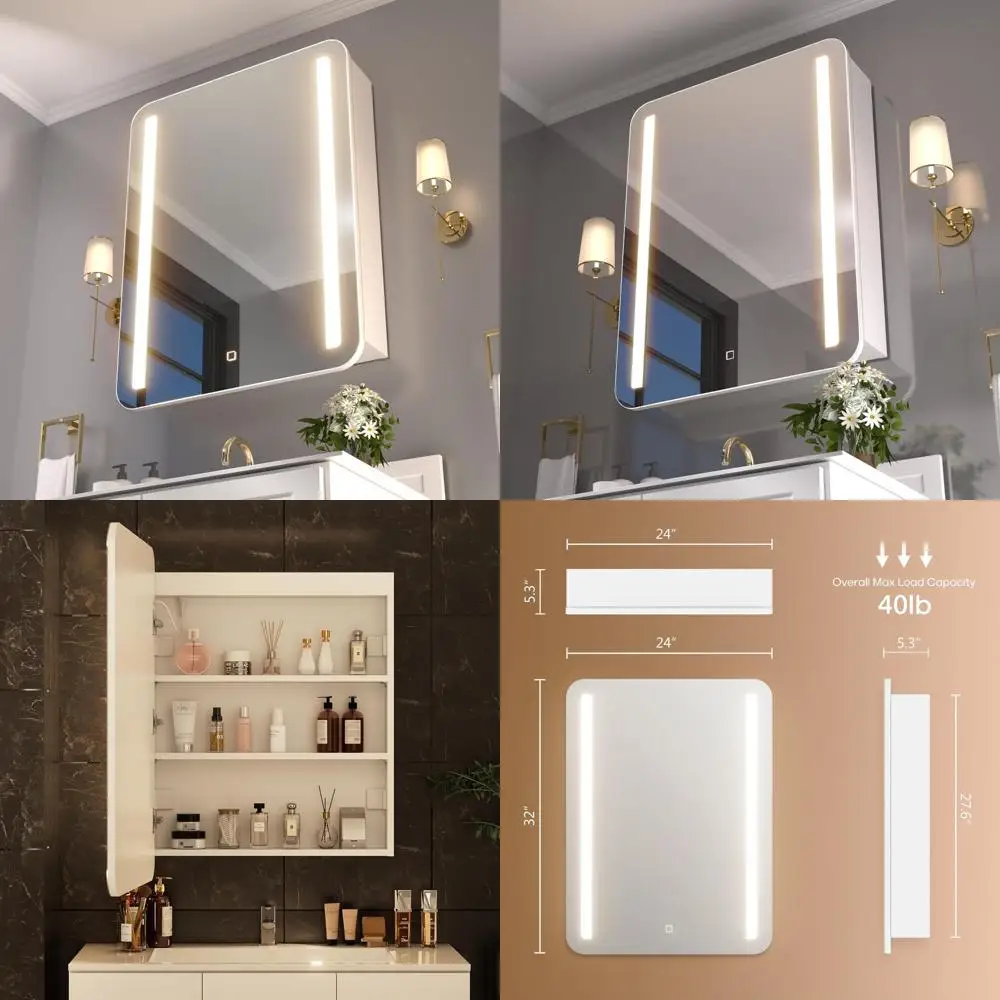 

LED Illuminated Bathroom Medicine Cabinet with 32x24 Inch Mirror, USB Ports, Anti-Fog, Dimmable Lighting, and Color Temperature