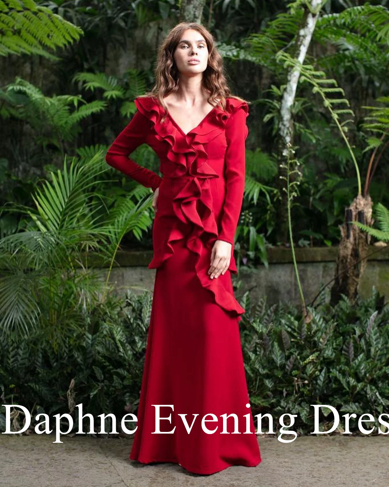 Customized Graceful Mermaid V-Neck Long Sleeves Ruffles Evening Dress Modern Backless Pleats Photo Color Vestido De Festa