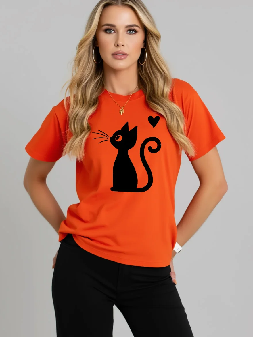 

2026 Summer New Women's Round Neck Fashion Casual Loose Cat Print T-Shirt Short Sleeve Top Футболка Смешная