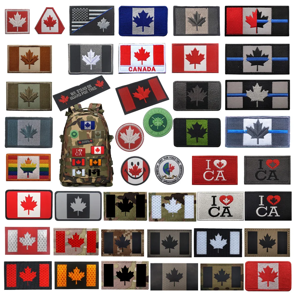 

Hot Sale 3D Embroidered Canadian Flag Maple Leaf Reflective Flag Patch with Backpack Hook Loop Patches for Clothing