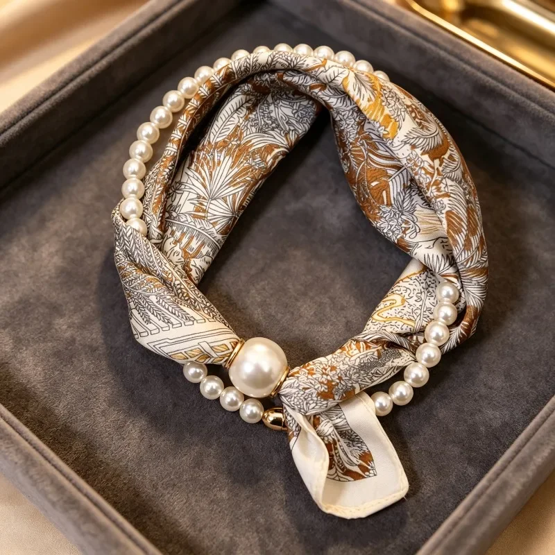 Pearl Magnetic Buckle Small Square Scarf for Women Necklace Sun Protection Holiday Wearing Ornaments