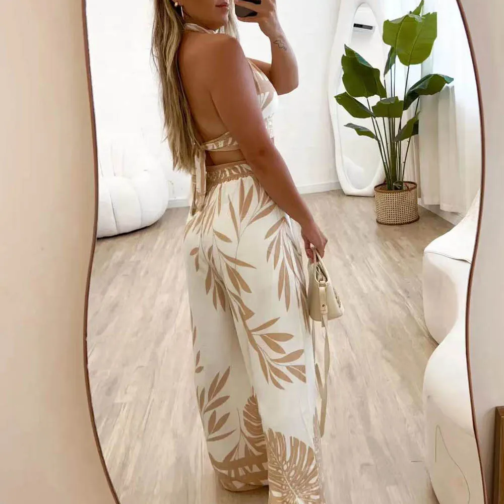 Seksowny Halter bez pleców 2 częściowy zestaw kobiet 2024 lato bez rękawów tropikalny koszulka typu Crop Top w paski i luźna, wysoka spodnie z