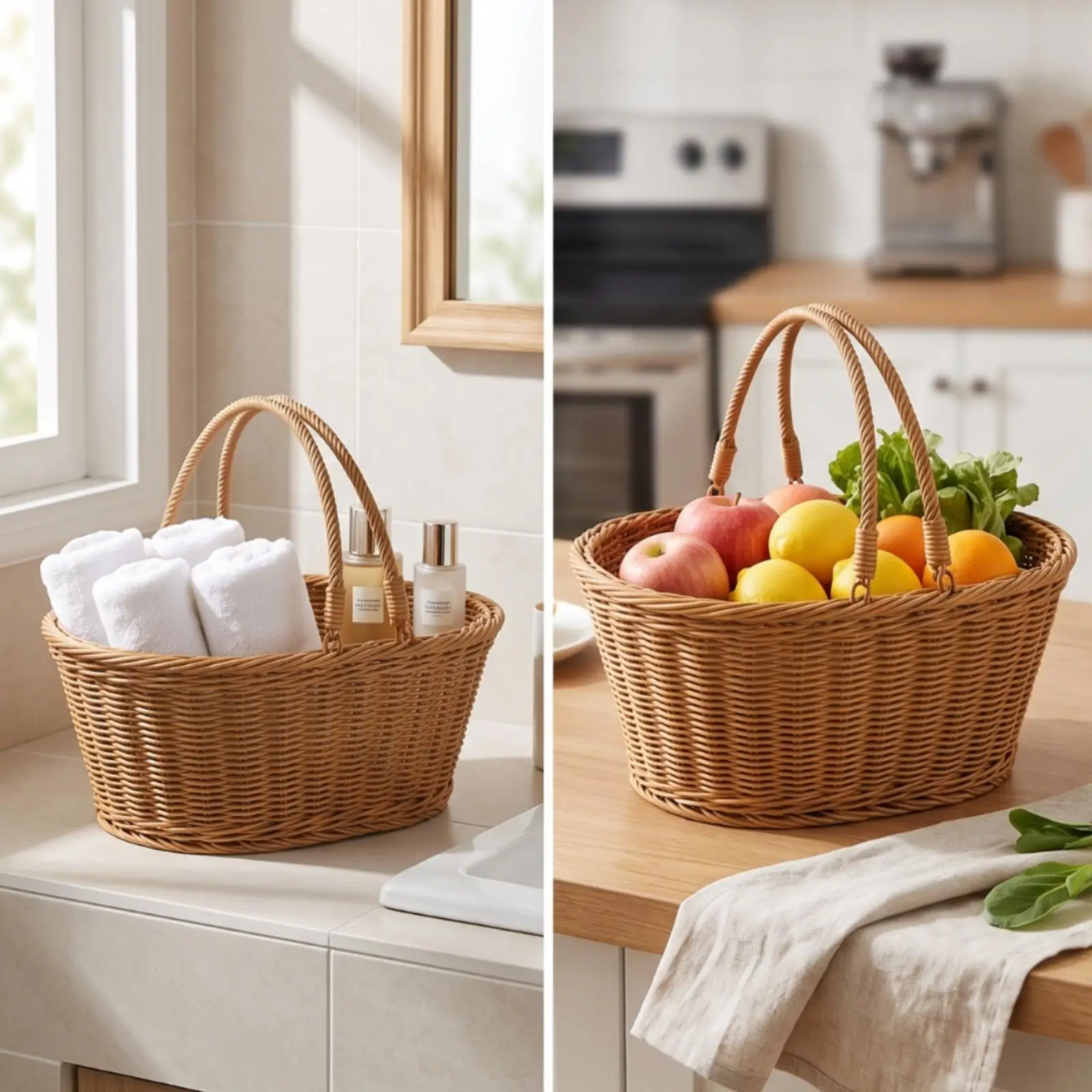 Brown Wicker Look Industrial Basket with Handles for Versatile Home Organization and Portable Carrying Tasks
