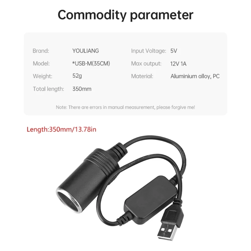 USB 5V 2.4A to 12V 1A Car Cigarettes Socket Female Step Up Cable Inverter Converters for Lighters Driving Recorders