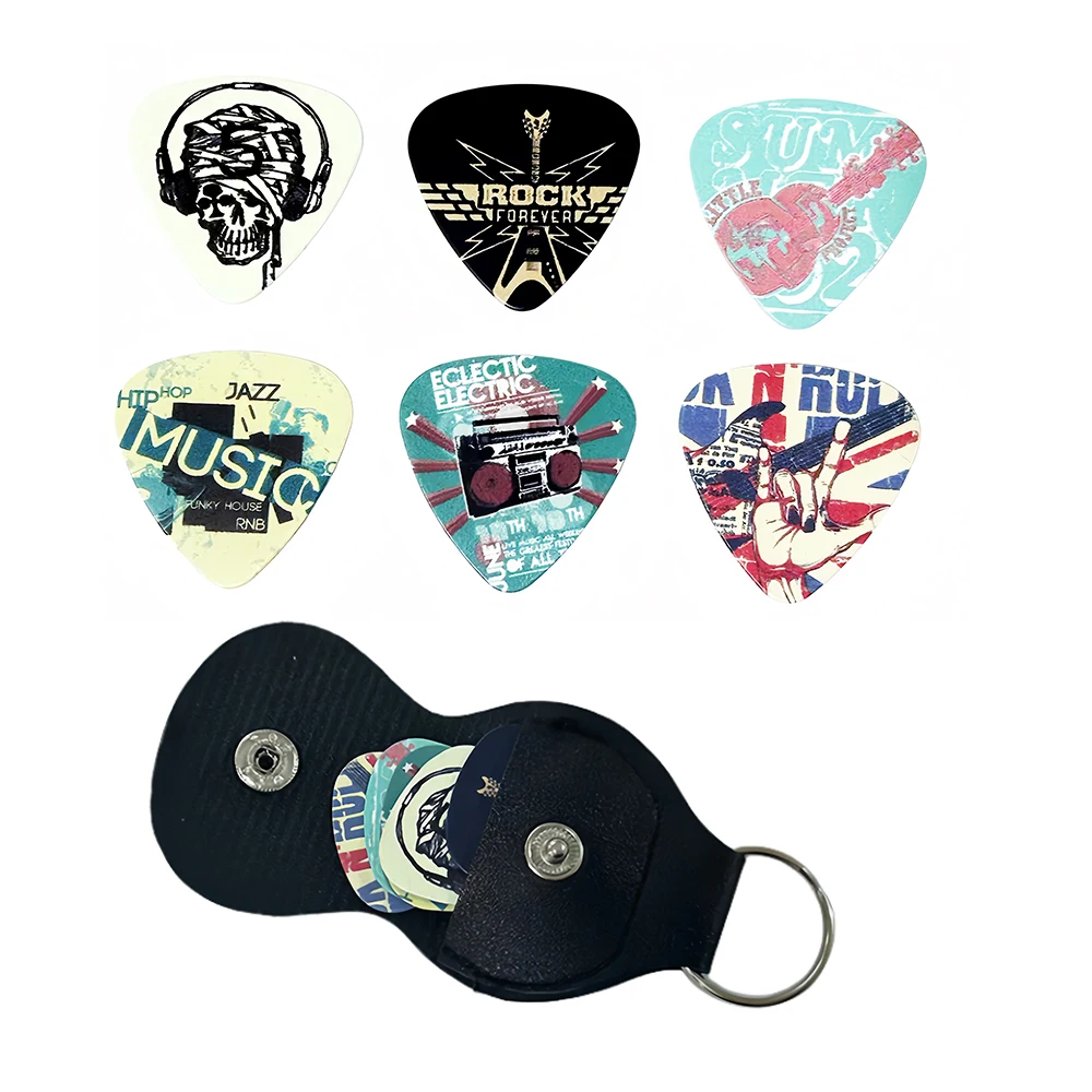 6 pcs PVC Guitar Picks With Pu Carrying Pouch set ,  Double-sided printing ，For ukulele，Electric ，Acoustic Guitars, Ideal Gift