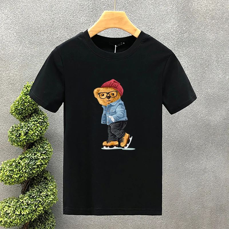 

Summer Men's Casual Short Sleeve T-shirt Skating Bear Print Man Design Tees Vintage Trendy High Quality Cotton Tops for Male