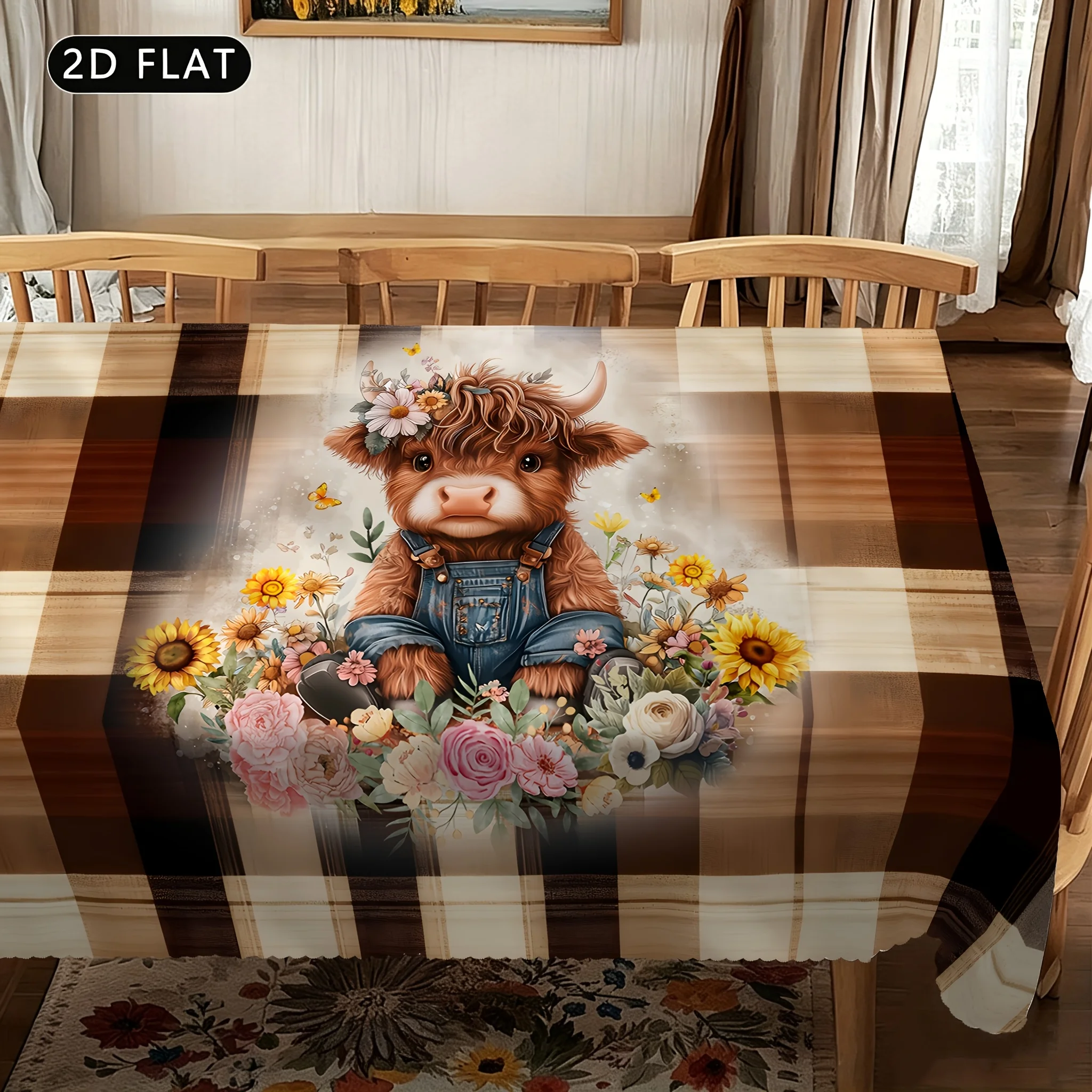 1 piece, vintage check tablecloth, 2D flat pattern print of farm cows and flowers in autumn and winter seasonszyc