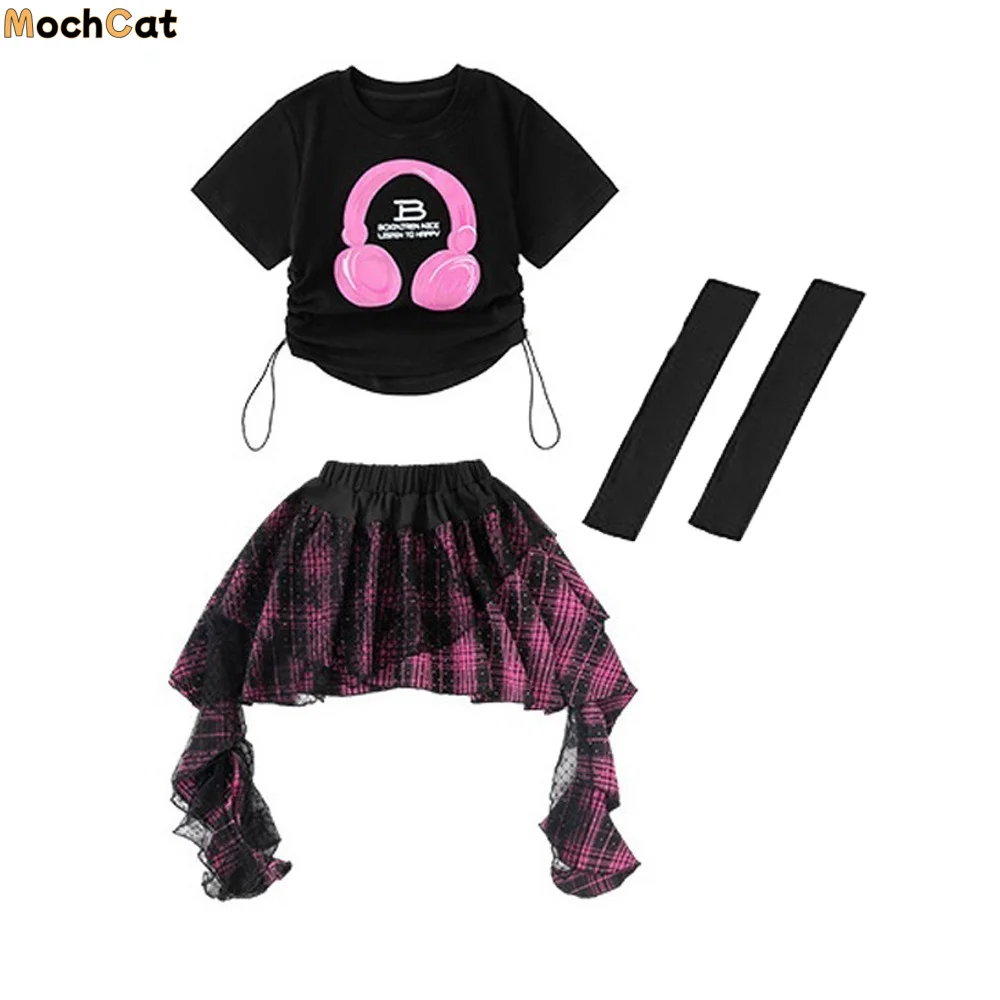 

Fashion Streetwear Girls Hip Hop Clothes Jazz Teens Y2k Outfits Suit Irregular Stage Wear T-shirt Plaid Skirt Set Stage