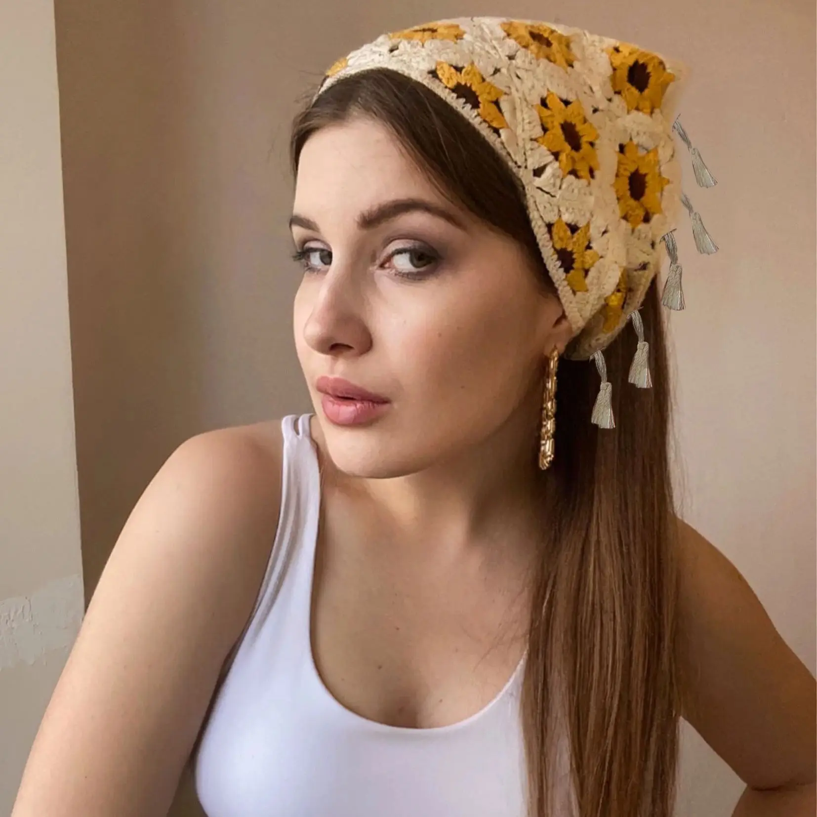 AWAYTR Knitted Sunflower Headband Women Sweet Hollow Out Floral Triangular Bandana Spring Summer Photography Japanese Hair Towel