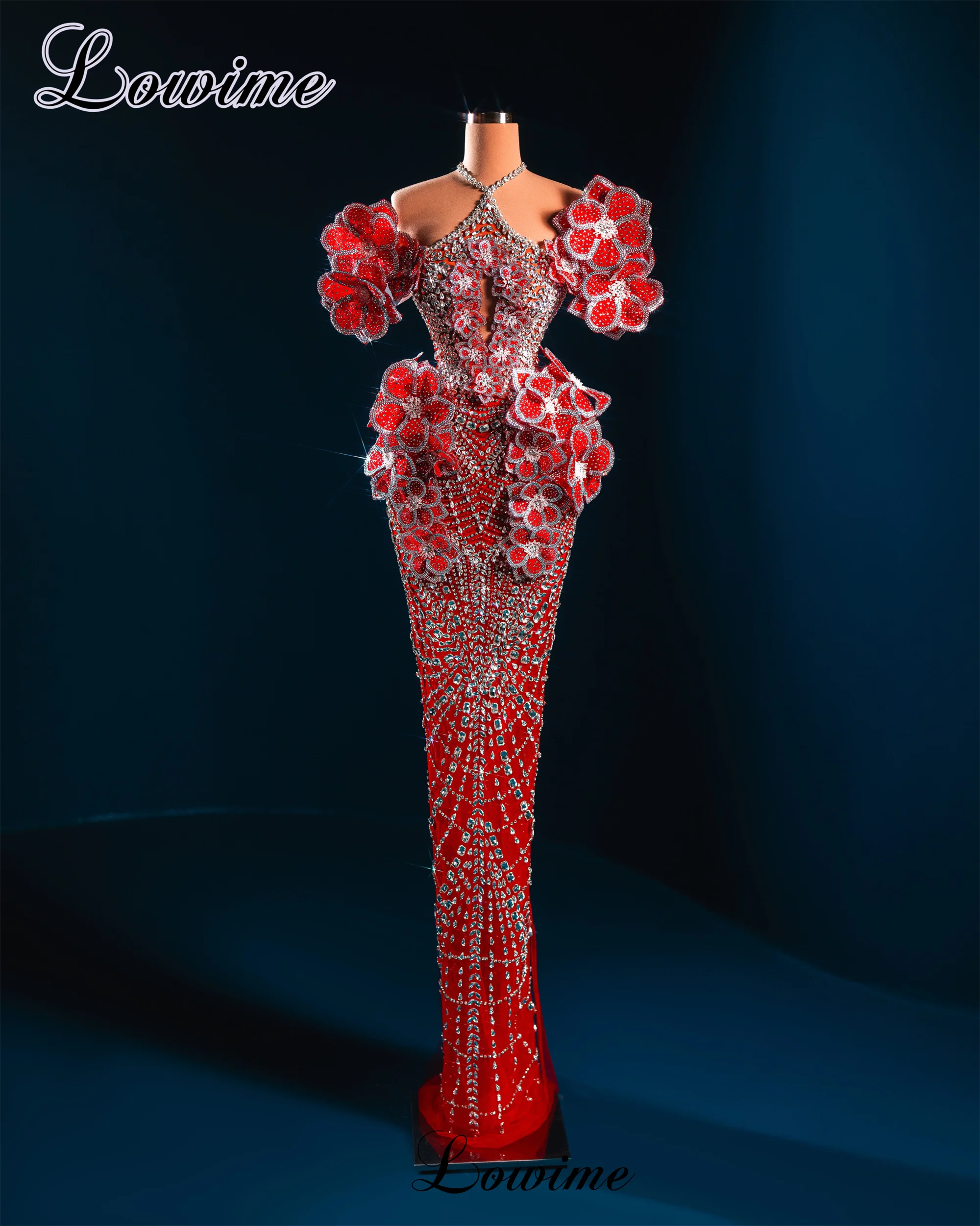 

Luxury Full Crystals Red Celebrity Dresses Mermaid Sparkly Evening Dresses Red Carpet Runway Dresses Vestidos De Gala Customized