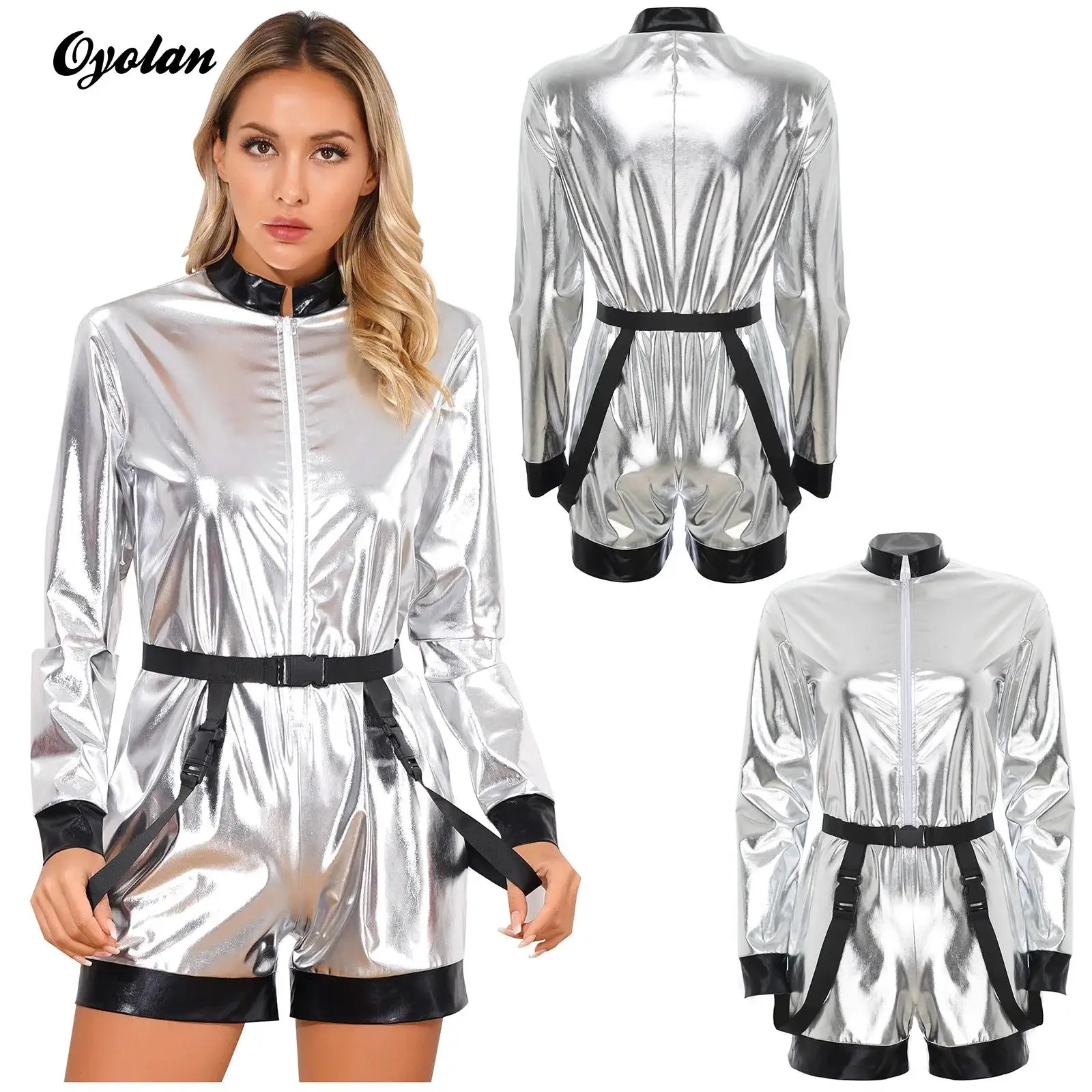 

Womens Metallic Shiny Jumpsuit with Waist Belt Front Zipper Boyshorts Bodysuit Halloween Christmas Astronaut Cosplay Costumes