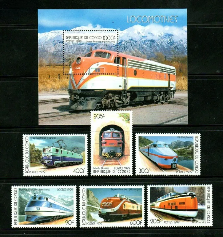 6 PCS+1, Congo, 1999, Train, Real Original Post Stamps, MNH