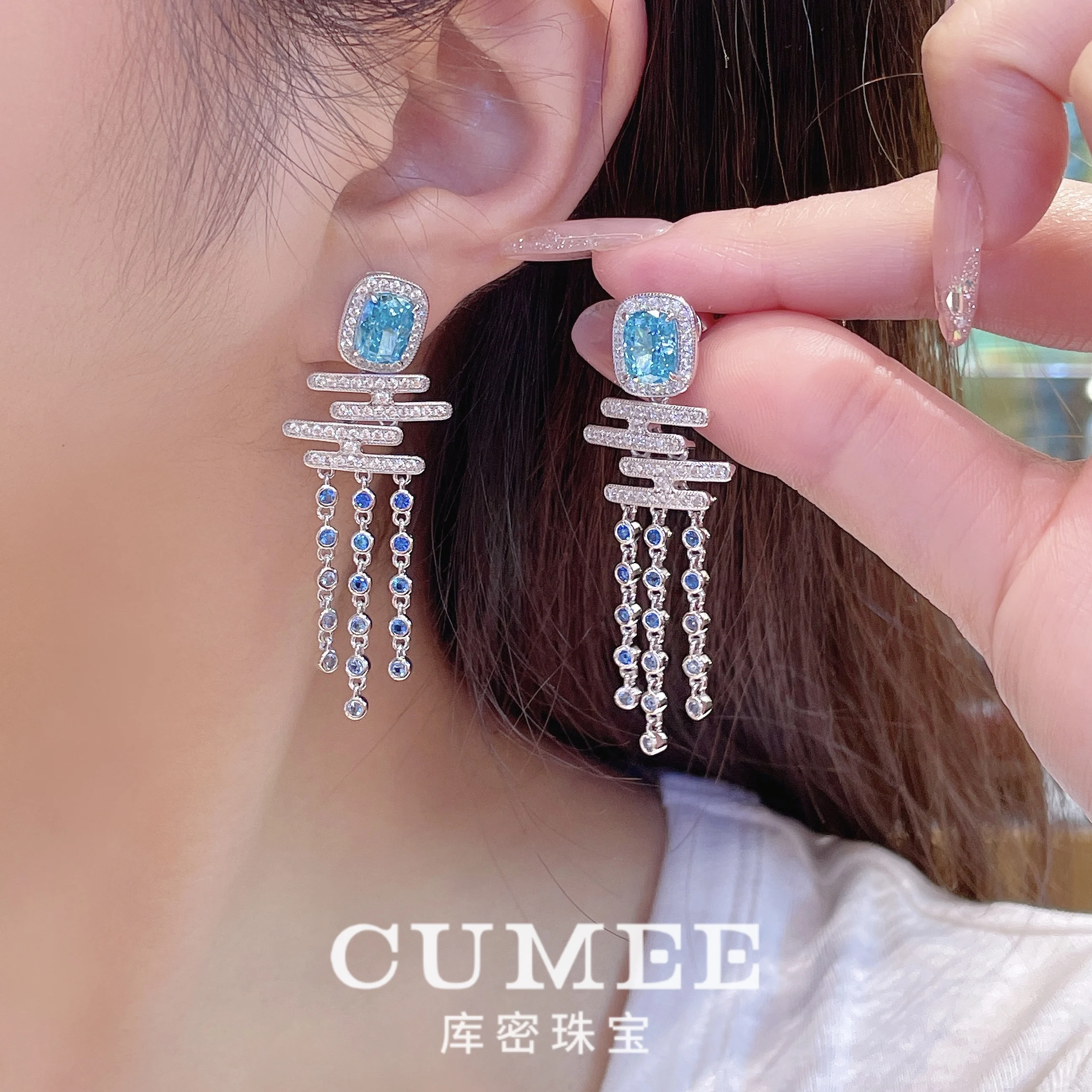 مجموعة أقراط على شكل سوار على شكل حلقة من الزبرجد الاصطناعي من سلسلة سحابة على الطراز الصيني الجديد من CUMEE. 925 فضة مطلية بالذهب #3