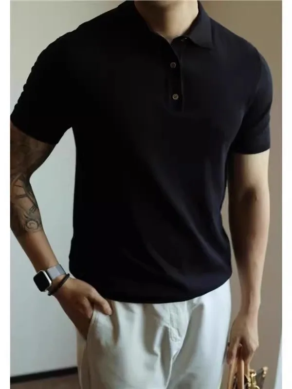Men's Large Size 300 Pounds Knitted Short Sleeve  Shirt Summer American Classic  Color Collar Half Sleeve T-shirt