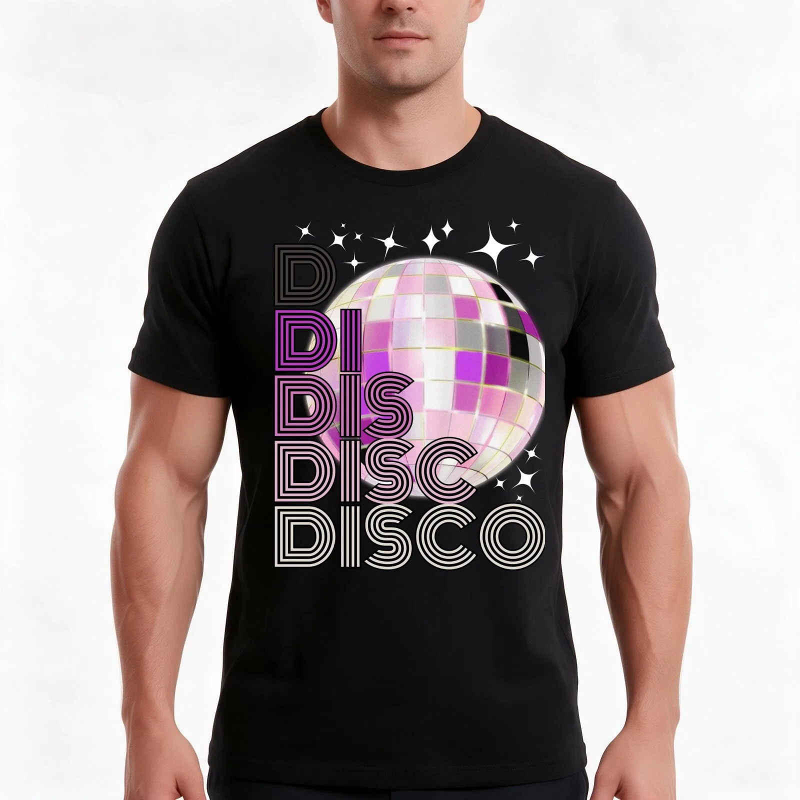 Disco Ball Purple Black White Silver T-Shirt, Summer Casual Cotton Tee, Oversized Streetwear Tops, Vintage Graphic Print