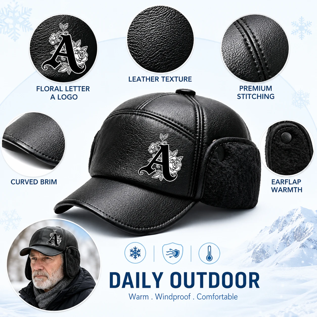 Men’s Winter Baseball Cap With Ear Flaps, Ear protection and Warmth, Warm Plush Lined Trapper Hat Windproof Daily Casual Cap