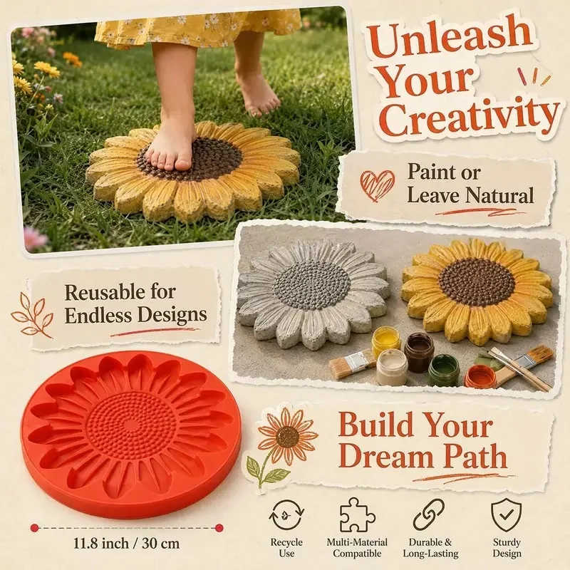 15.7 Inch Reusable Sunflower Concrete Stepping Stone Mold, DIY Walkway Paver Mold for Outdoor Patio Lawn Garden Decoration