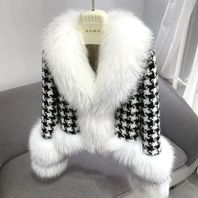 New Winter Jackets Elegant Solid Color Thousand Bird Check Splicing Fur Collar Strap Design Short Coat Fashion Female Wool Coats