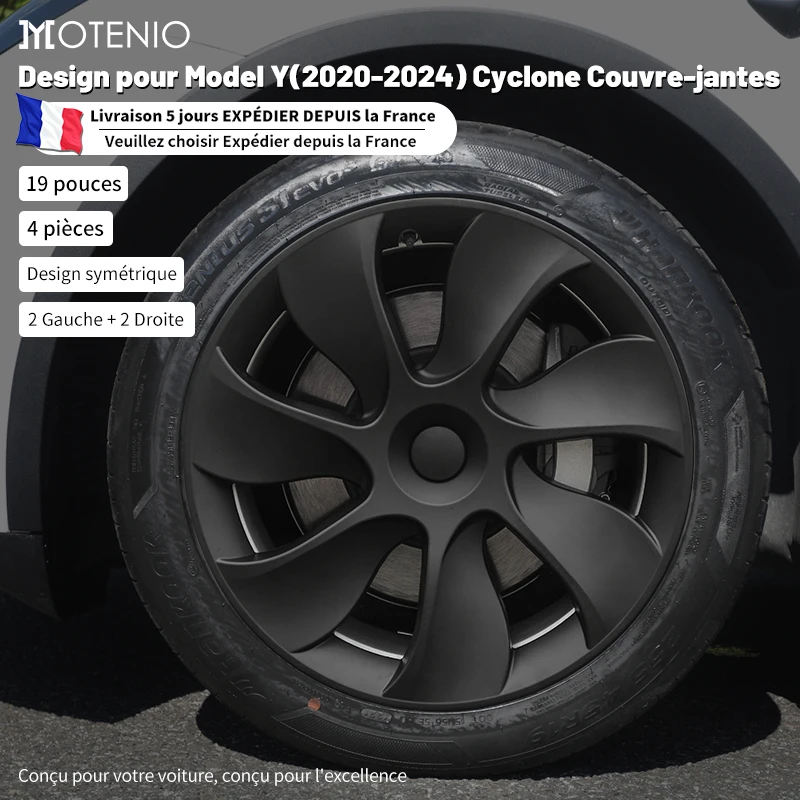 Enjoliveurs de roues de style cyclone, enjoliveurs de remplacement, droits et magasins, accessoires automobiles, modèles Y, 19 pouces, 2020-2024, 4 pièces