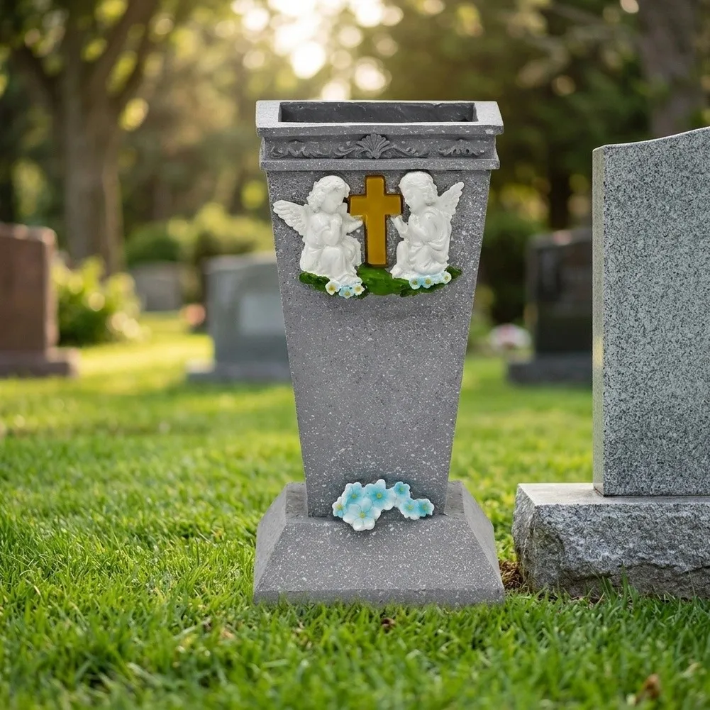 Memorial Flower Holder in Resin with Two Praying Angels and For Cross Symbol for Graveside Decoration and Honoring Loved