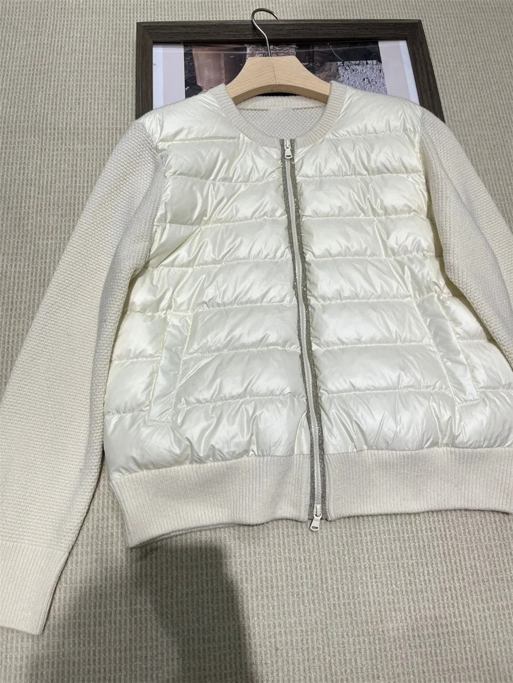 2024 Women New B*C Beaded Cashmere Patchwork Goose Down Jacket  Female Winter Warm Zip O-Neck  Luxury Down Coat