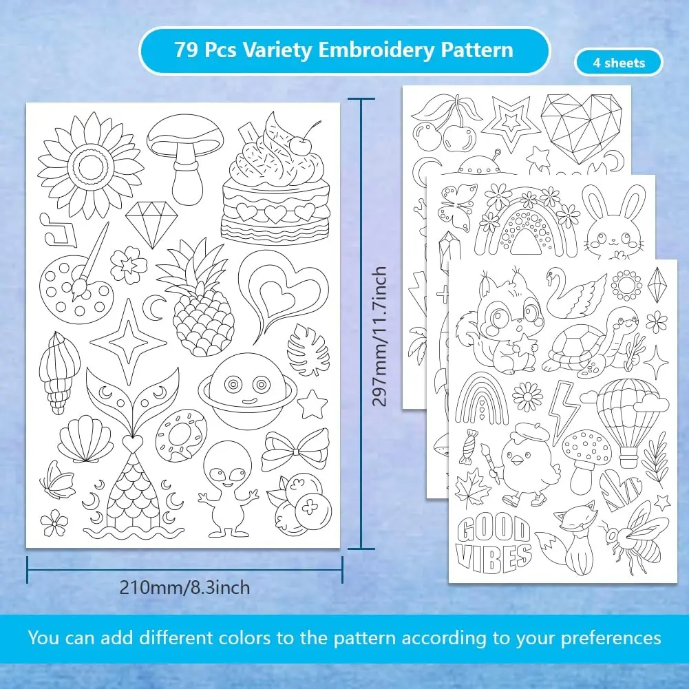 4Sheets Cute Cartoon Pattern Self-Adhesive Embroidery Kit, Water Soluble Stabilizer Sheets, Washable Stick Embroidery Pattern