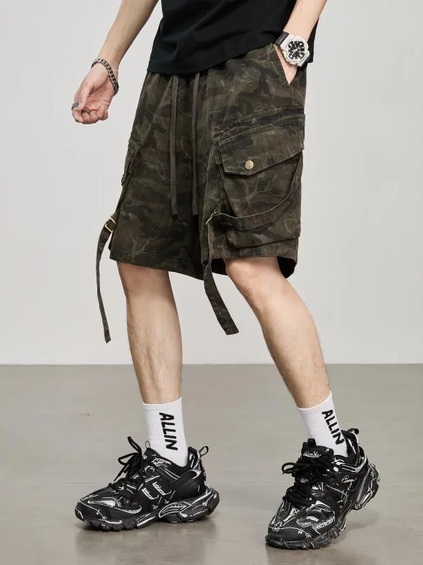 American Style Heavyweight Camouflage Work Shorts Men's Summer Multi-Pocket Rope-Tied Five-Part Loose Retro Casual Mid-Pants