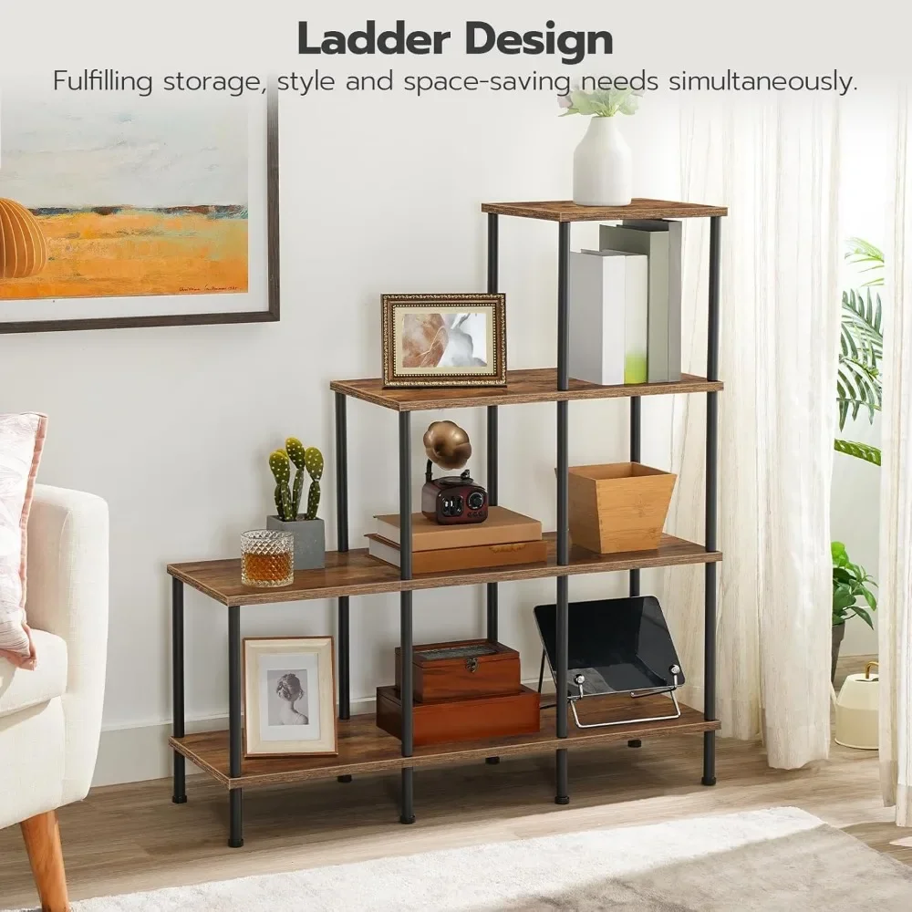 4-Tier Cube Bookcases,Industrial Stepped Shelf, Ladder Shelf with 6-Cube Storage Organizer,Bookcases for Living Room.