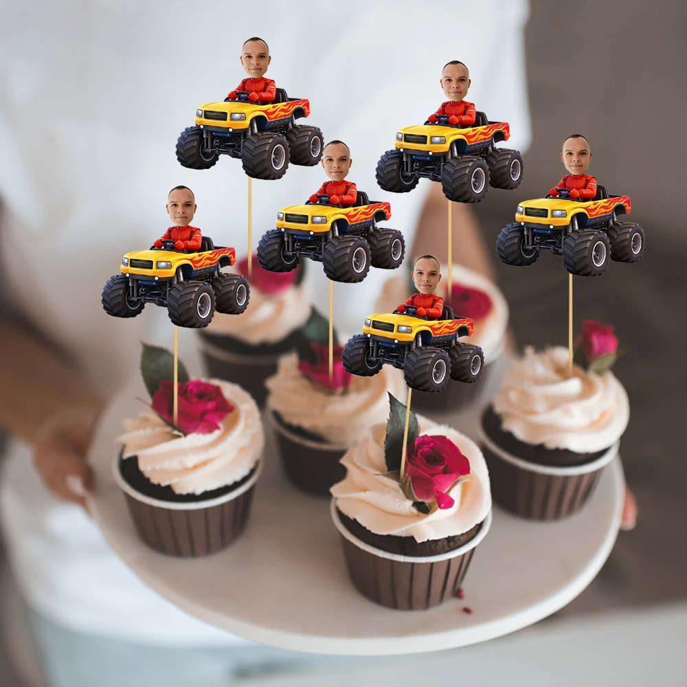 6/12/24 piezas Decoración personalizada para pastel de cumpleaños de Monster Truck, Adorno para pastel con foto de cara de Monster Car, Decoración para fiesta de coches de carreras