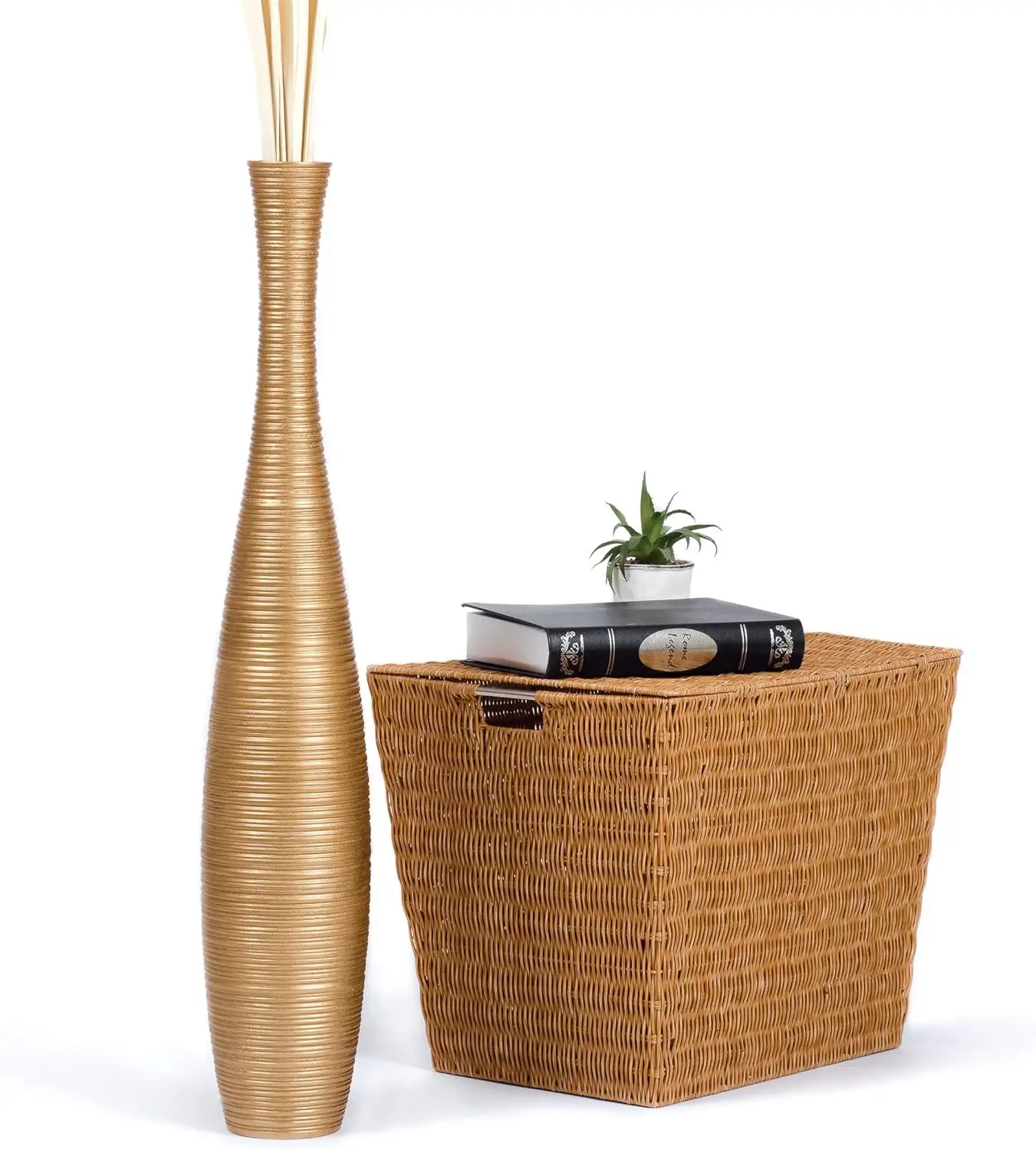 

Large Gold Home Decor Floor Vase Wooden 34 inch Tall Farmhouse Decor Flower Holder for Fake Plant and Pampas Grass
