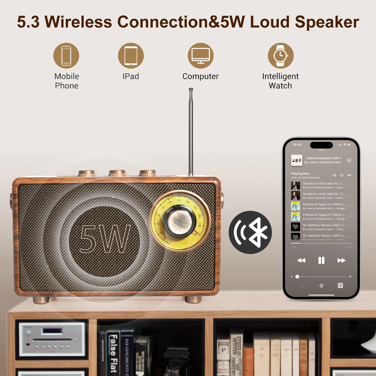 Portable Speaker Bluetooth Retro Radio Retro Decoration with AM FM Radio Bass Wireless Speaker 5.3 Bluetooth, TF Card, AUX