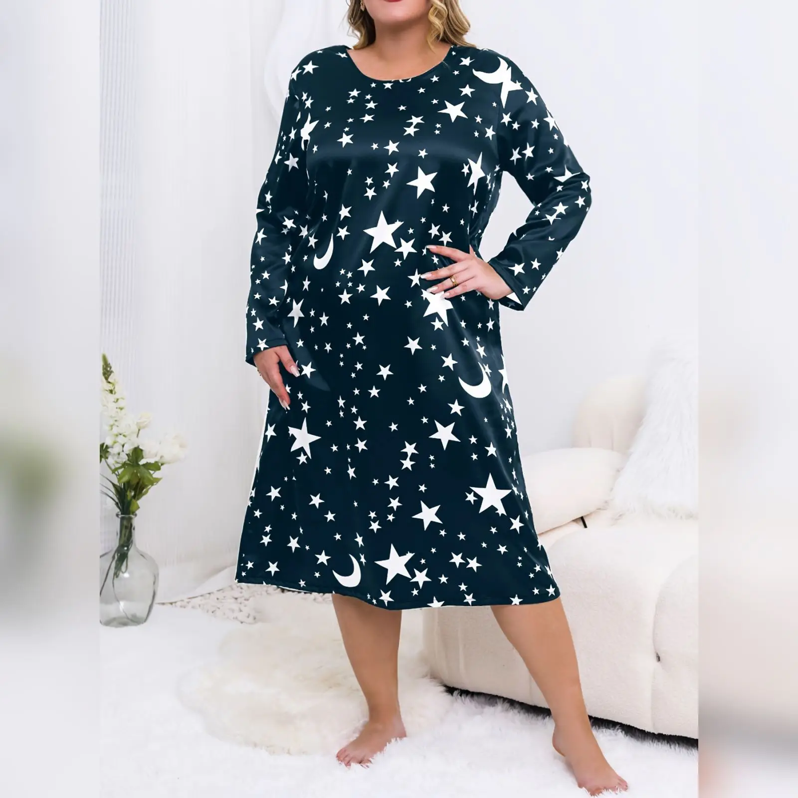 

Женская ночная рубашка больших размеров - повседневная удобная одежда для дома, платье для сна, свободная ночная рубашка с длинными рукавами, модные пижамы с принтом