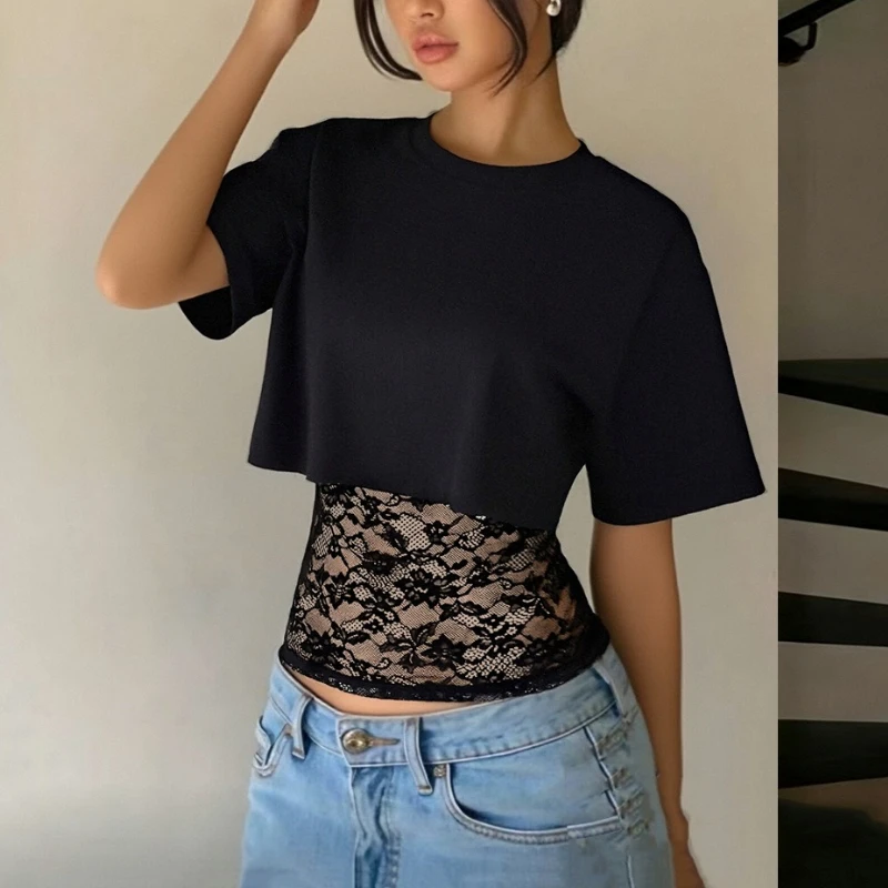 

Women Casual Loose O Neck Two Piece Set Tops Solid T Shirt Short Sleeve Floral Slim Lace Suits Summer Woman 2026 Tee Y2K Punk