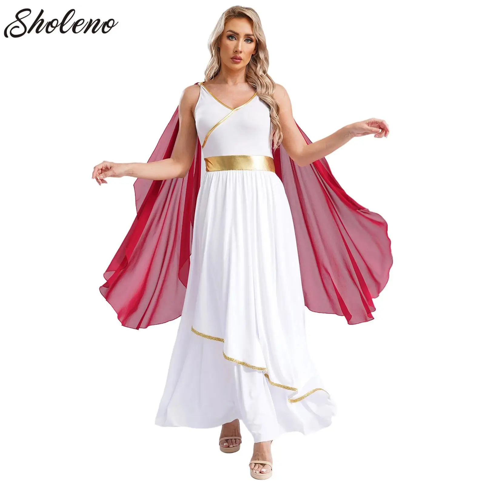 

Halloween Ancient Greek Princess Toga Goddesses Costume Womens Chiffon Trims Greece Roman Goddness Queen Role Play Robe Dress