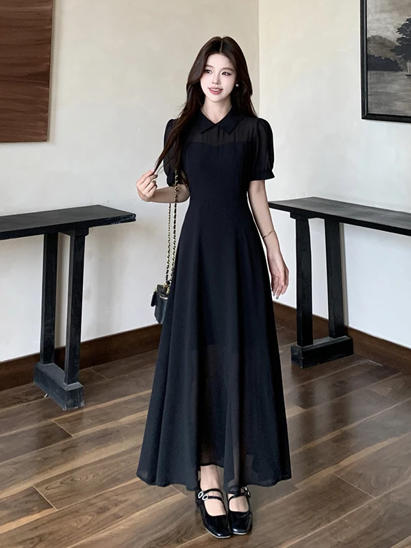 

plus Size Women's Elegant Black Short Sleeve Dress Slimming Waist Design Summer New Style Long Skirt Commute Korean Style A-Line