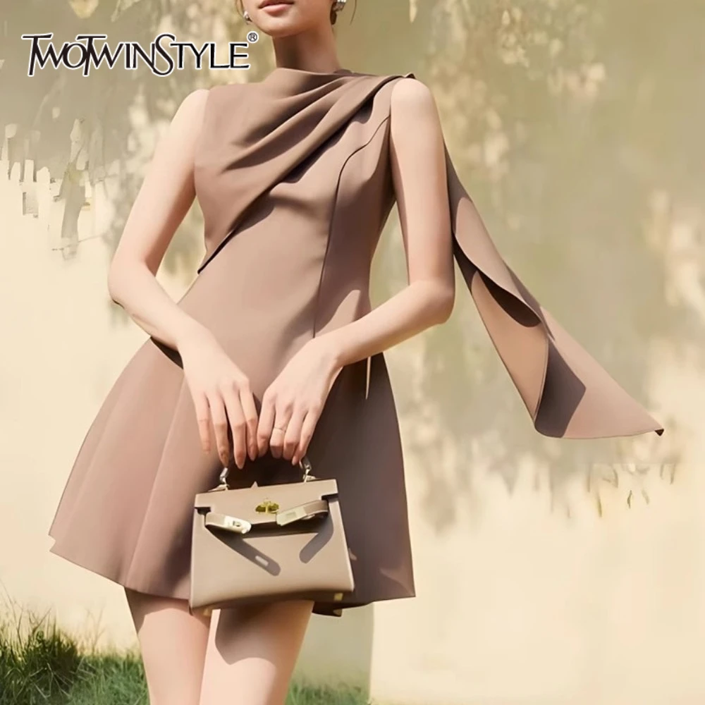 

TWOTWINSTYLE Solid Slimming Spliced Folds Evening Dresses for Women Round Neck Sleeveless Irrgular Mini Dress Femlae Fashion New