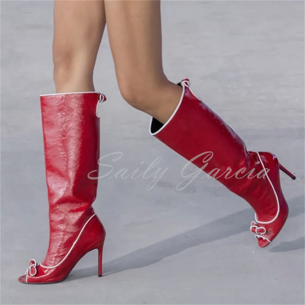 Bow-Trim Grained Leather Boots Women Sexy Open Toe Stiletto Heel Circular Cut-Out Slip-On High Heel Solid Color Knee High Boot