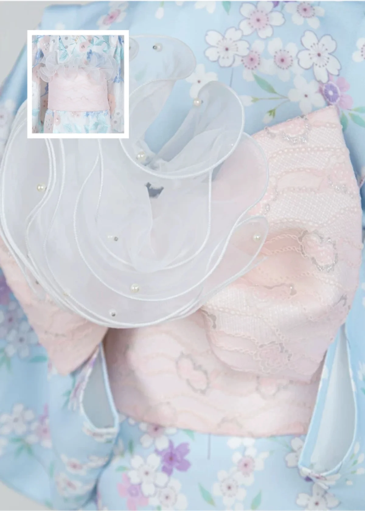 

Kimono Obi Belt Accessory - Structured Lace, Pink Double-Layered Intricate Bow with Decorative Trim