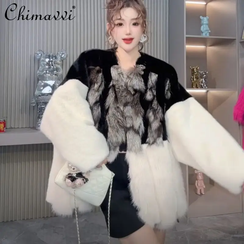 2025 شتاء جديد الراقية مصمم الأزياء كتلة اللون معطف ضوء الفاخرة المرأة الثعلب الفراء المرقعة كم طويل دافئ أنيق الفراء #1