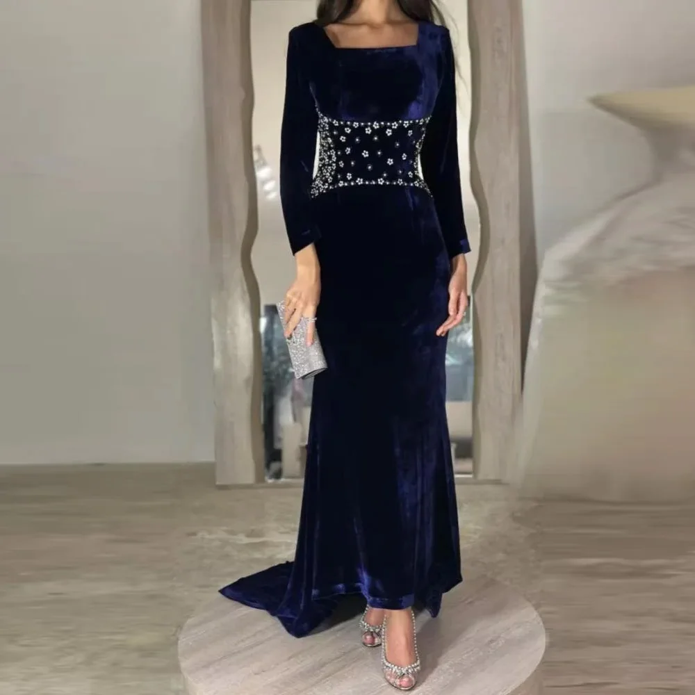 

Элегантное вечернее платье с квадратным воротником и длинными рукавами по индивидуальному заказу, платья знаменитостей со шлейфом и кристаллами, платья для особых случаев на заказ