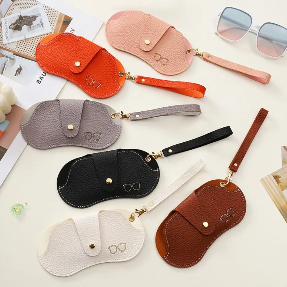 

Soft Leather Glasses Bag Lychee Pattern Button Clip Eyewear Storage Pouch Portable with Wrist Strap Sunglasses Case