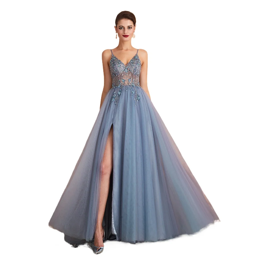 2025 Nuovo cinturino estivo lungo abito da ballo di cristallo con perline per l'industria pesante, abito da sera diviso con scollo a V in chiffon alla moda e sexy