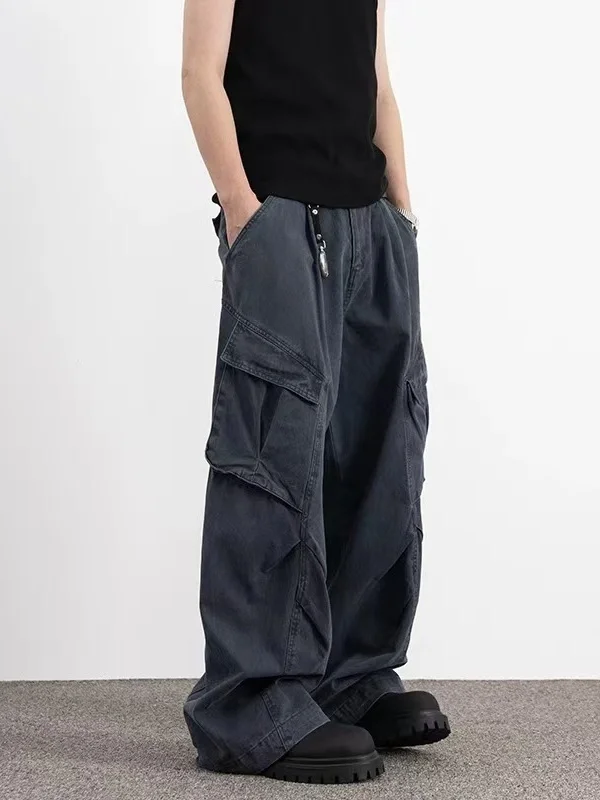 

Ретро американские High Street Vibe, потертые плиссированные рабочие брюки с несколькими карманами, мужские широкие свободные длинные брюки для парных танцев