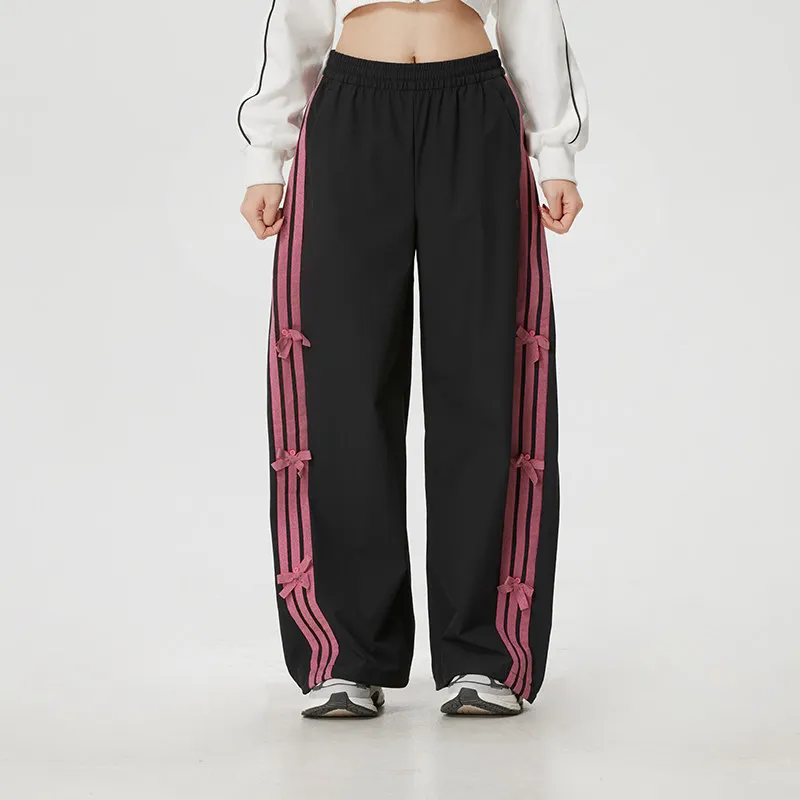 Adidas KR7598 Womens Woven Track Pants Black Pink Stripes Loose Fit Elastic Waist Casual Trousers