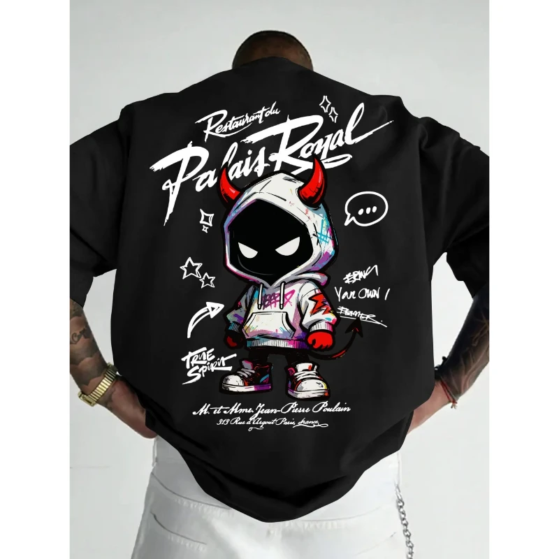 American Men's Summer Personalized Small Devil Letter Print Comfortable and Breathable Round Neck T-shirt Outdoor Street Tops