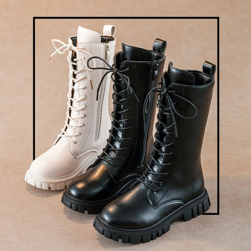 Spring Autumn Children's Long Boots Matte PU Leather School Boots for Girls Fashion Causal Kids Princess Black Beige High Boots