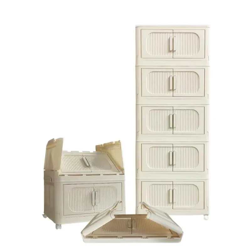 Milky White Side Wide Folding Locker Foldable Storage Cabinet with Magnetic Door Portable Space Saving Organizer for Home